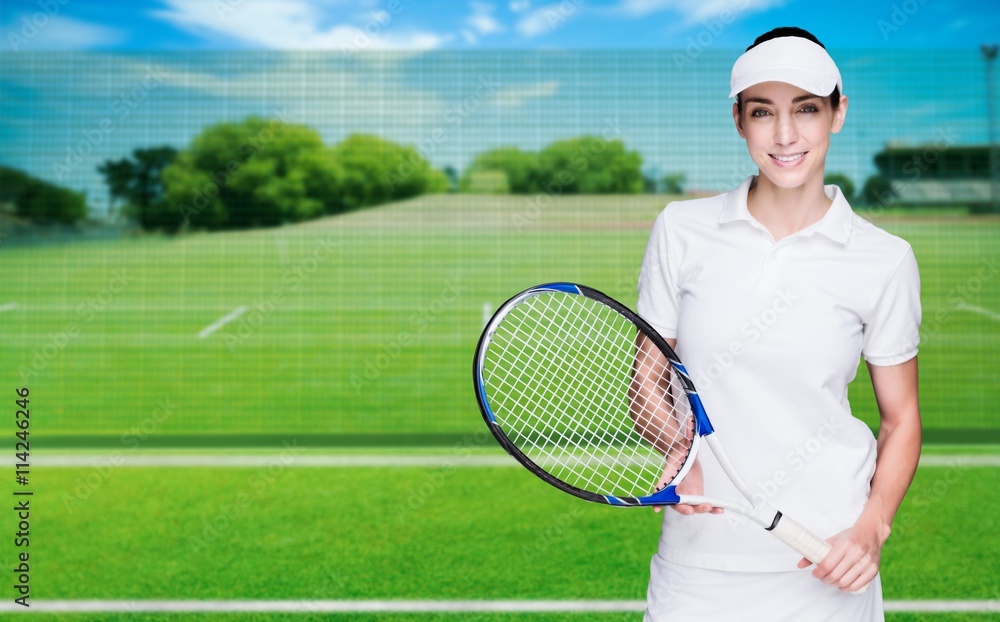 女运动员拿着网球拍摆姿势的合成图