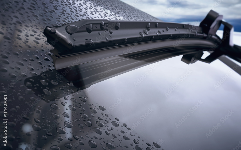 带有雨滴和无框雨刮片的汽车挡风玻璃特写。3d渲染