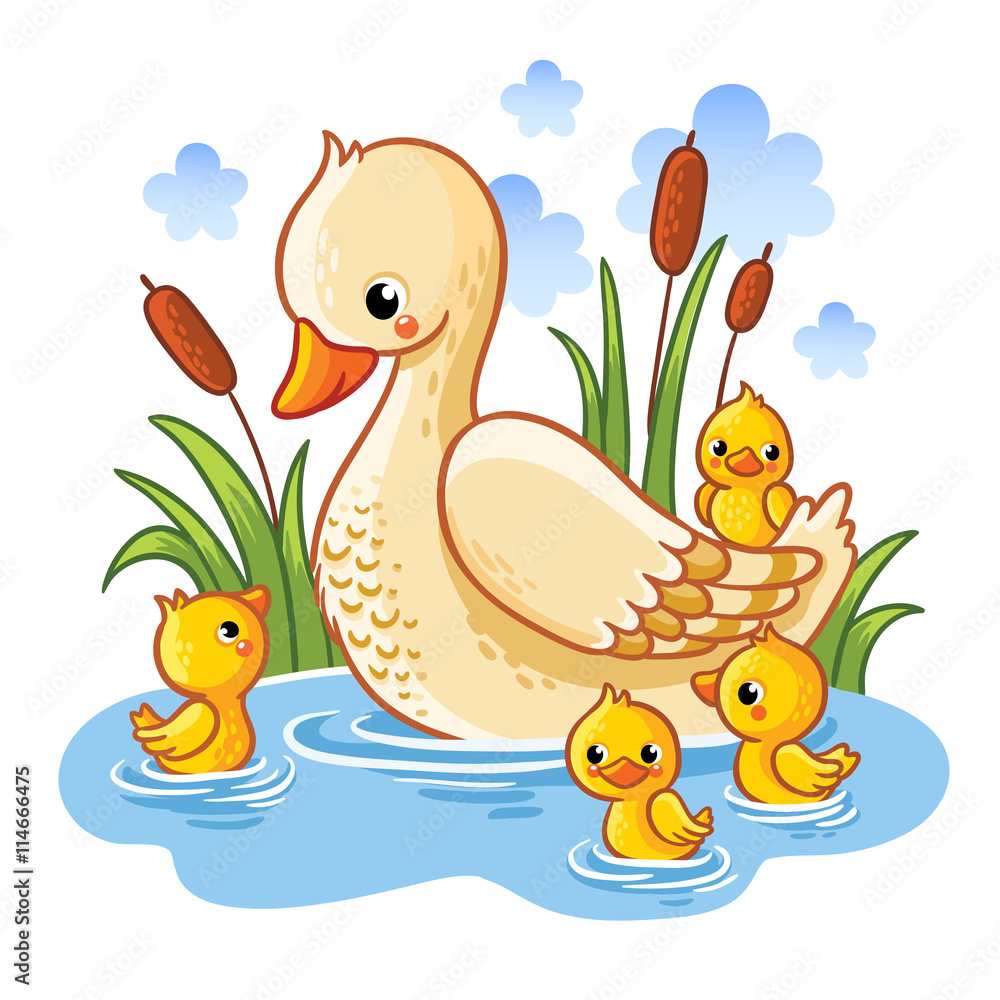 鸭子和小鸭子的矢量图。鸭子妈妈和小鸭子在湖中游泳