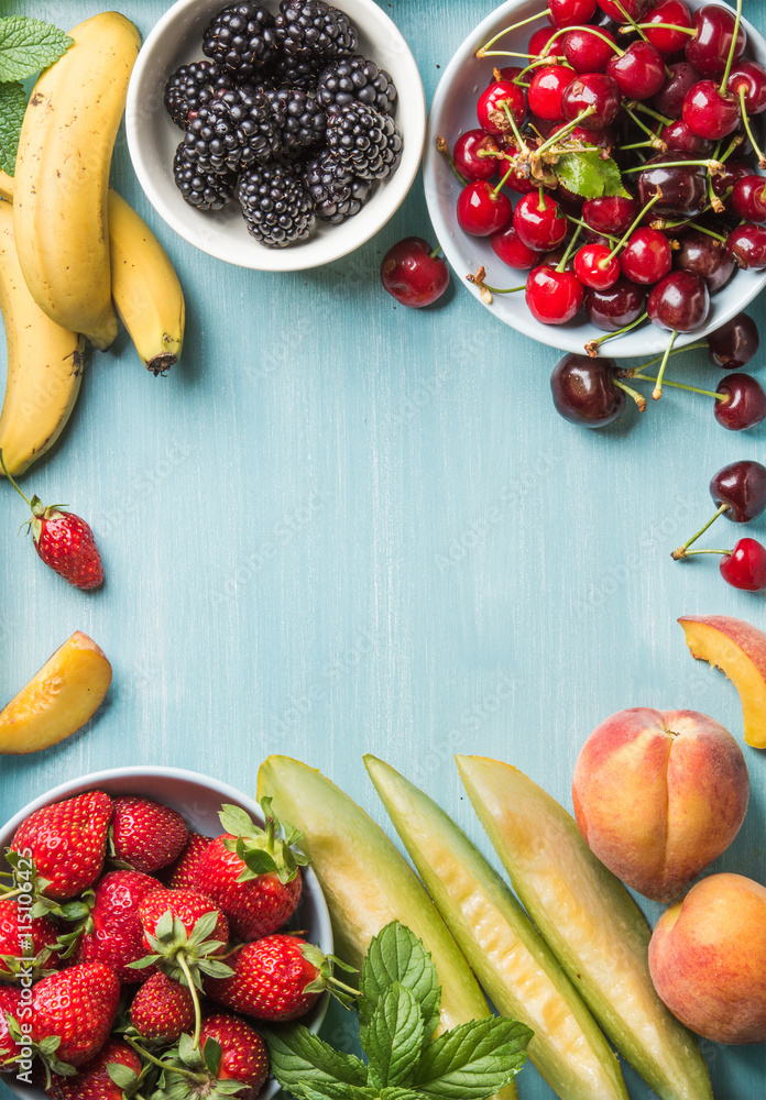 Healthy summer fruit variety. Sweet cherries, strawberries, blackberries, peaches, bananas, melon sl