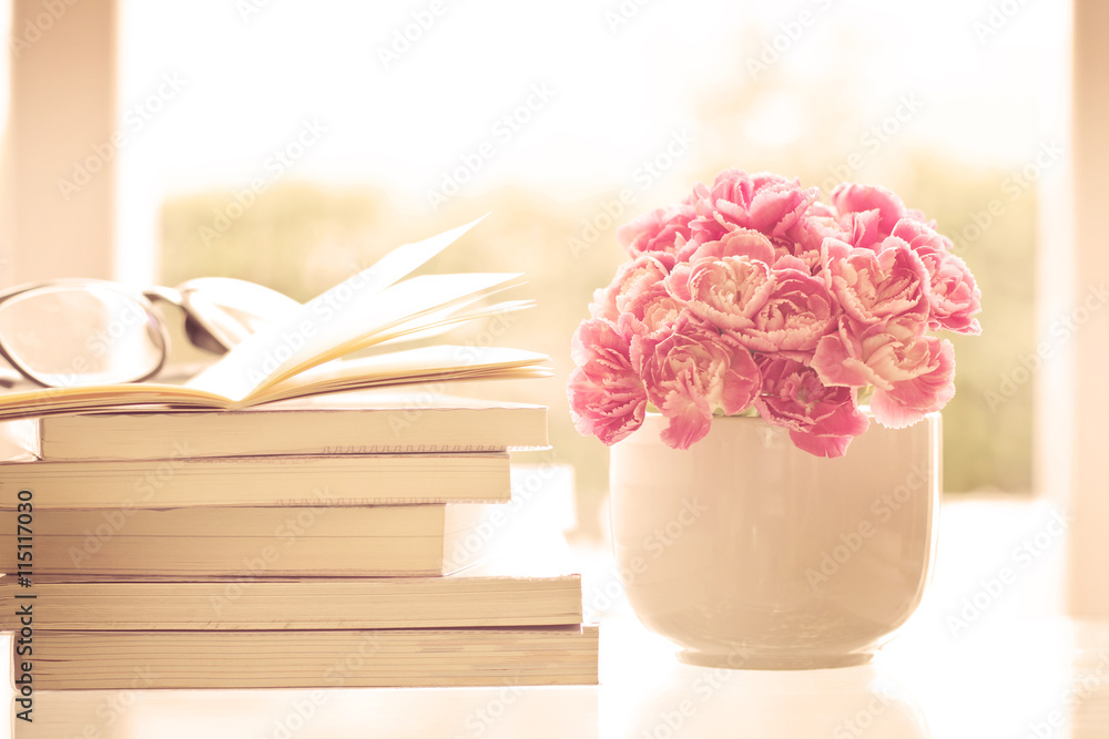 书籍背景的鲜粉色康乃馨花