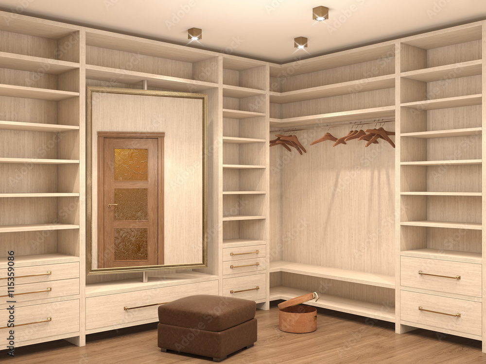 空荡荡的白色更衣室；现代房子的内部。3d插图