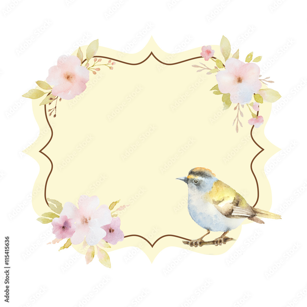 带有春天粉色花朵和一只鸟的水彩画相框。