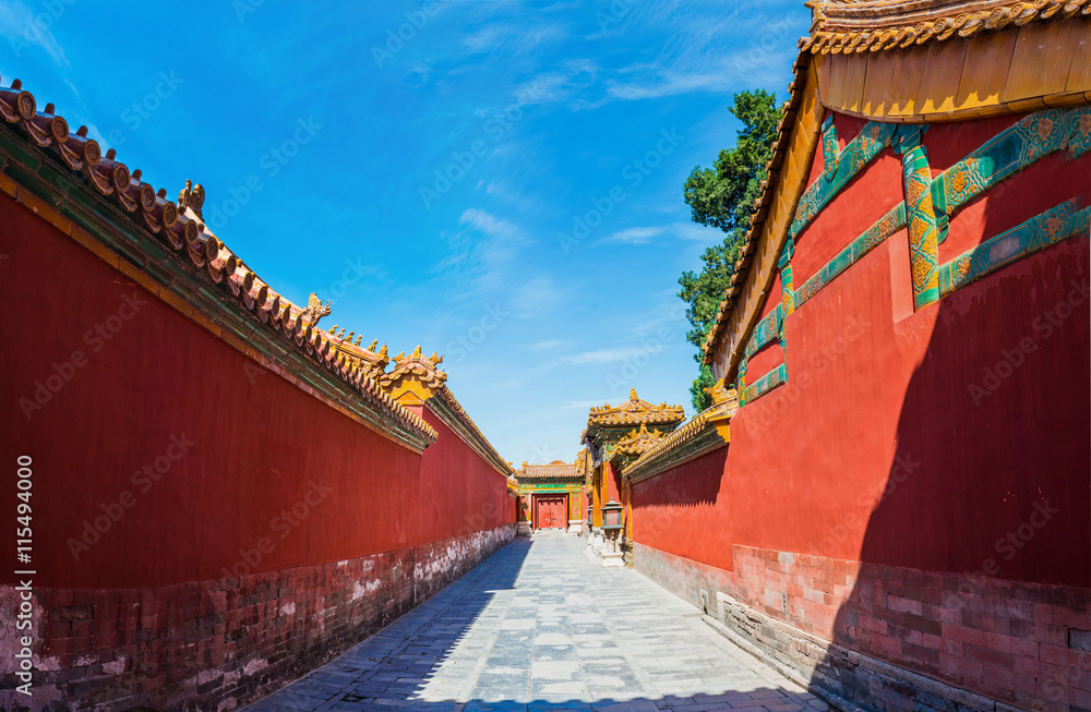 Panoramic view of oriental red gate inside Beijing Forbidden City, China