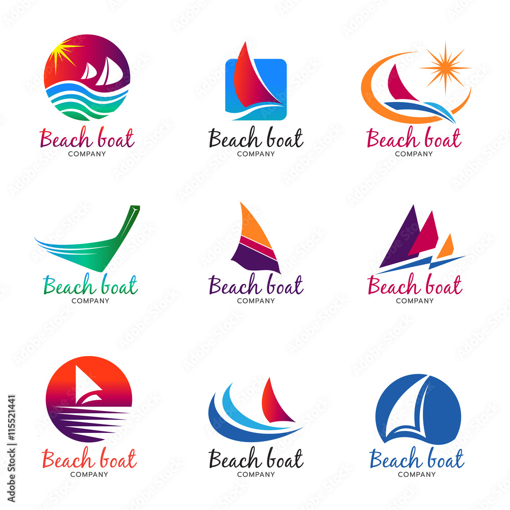 海滩和船标志矢量插图集设计