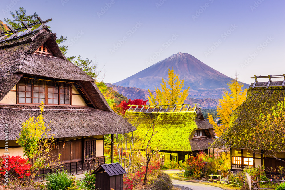 富士山，日本和秋天的传统村庄。