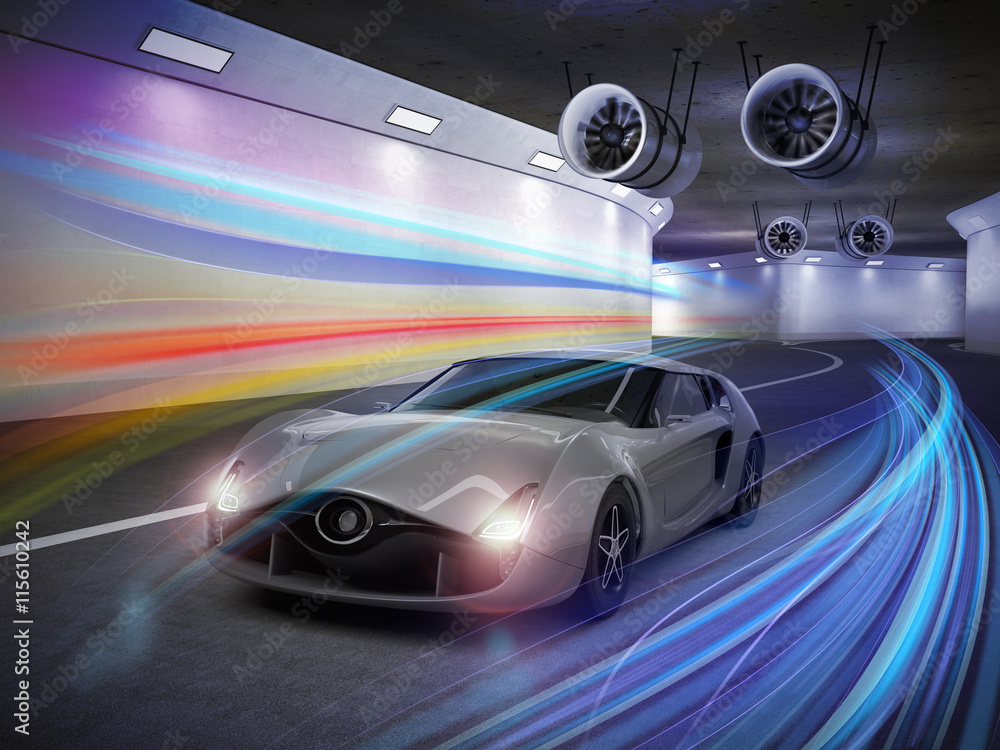 银色跑车，隧道内有五颜六色的灯光痕迹。3D渲染图像。