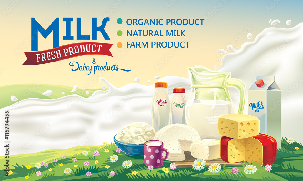 牛奶飞溅背景下的一套乳制品的静物，乡村避暑之地