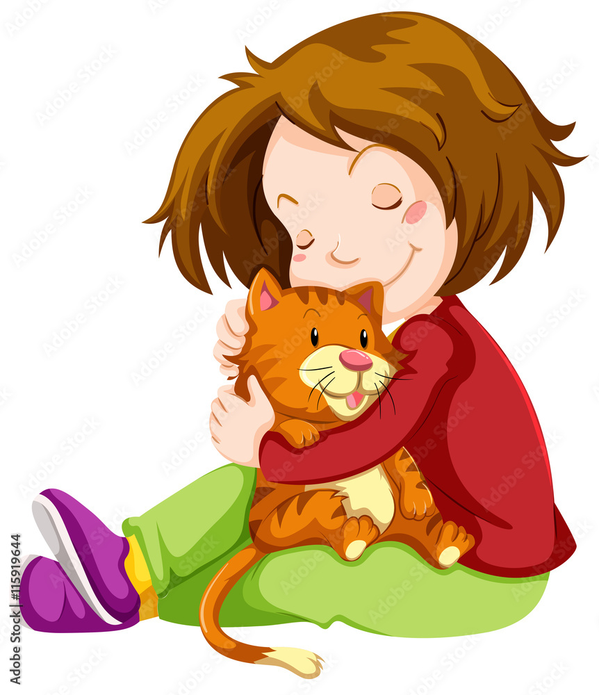 小女孩拥抱宠物小猫