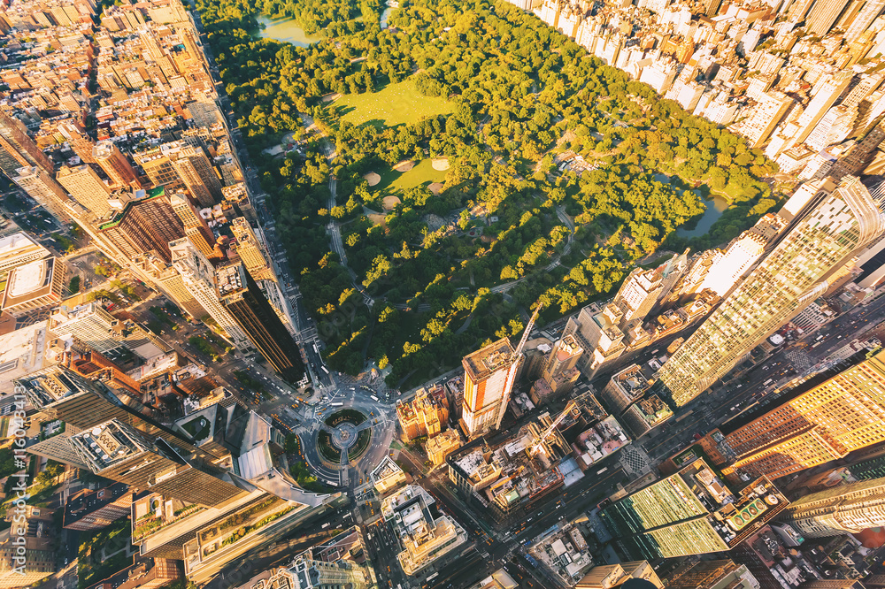 纽约市哥伦布圆环和中央公园鸟瞰图