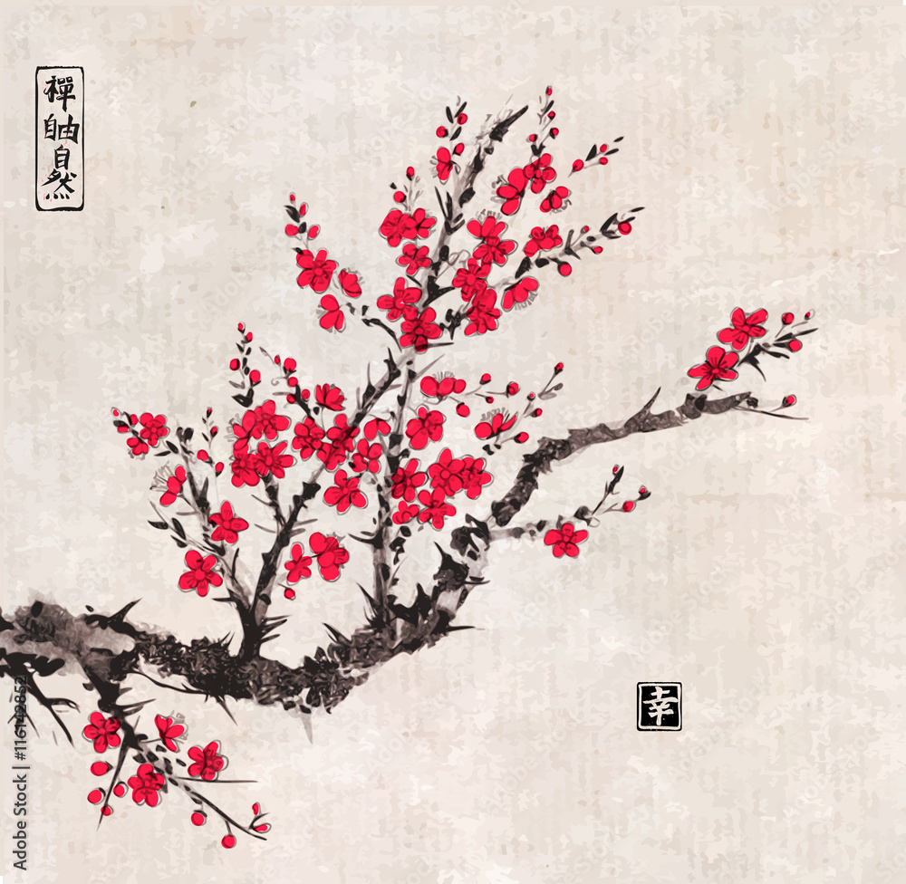 古老宣纸背景上盛开的东方樱花树。包含象形文字-禅，