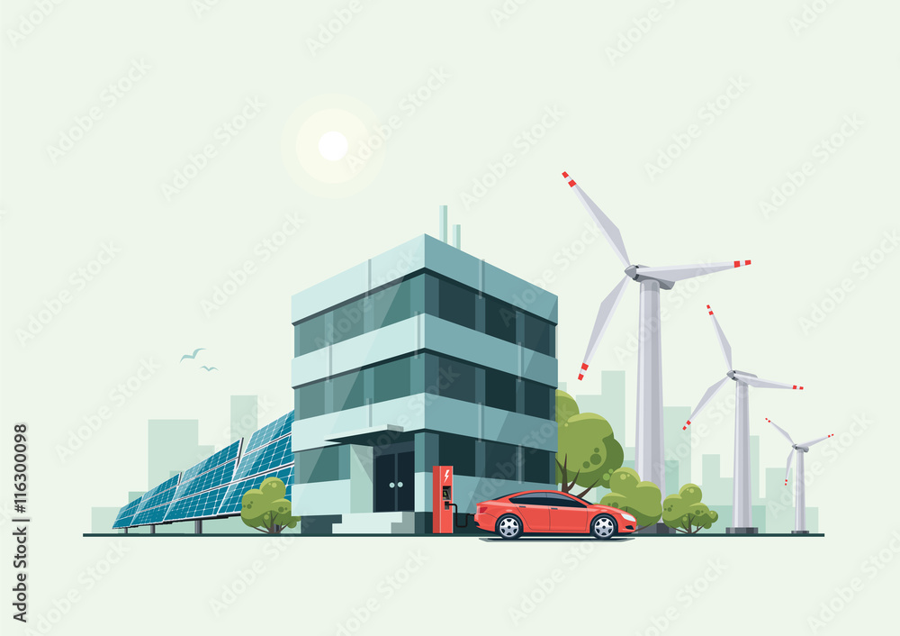 带电动汽车、太阳能电池板和W的绿色环保办公楼
