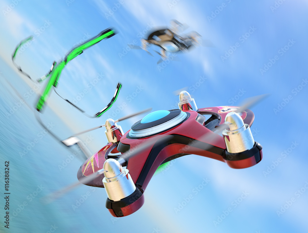 无人机在天空中追逐。3D渲染图像。