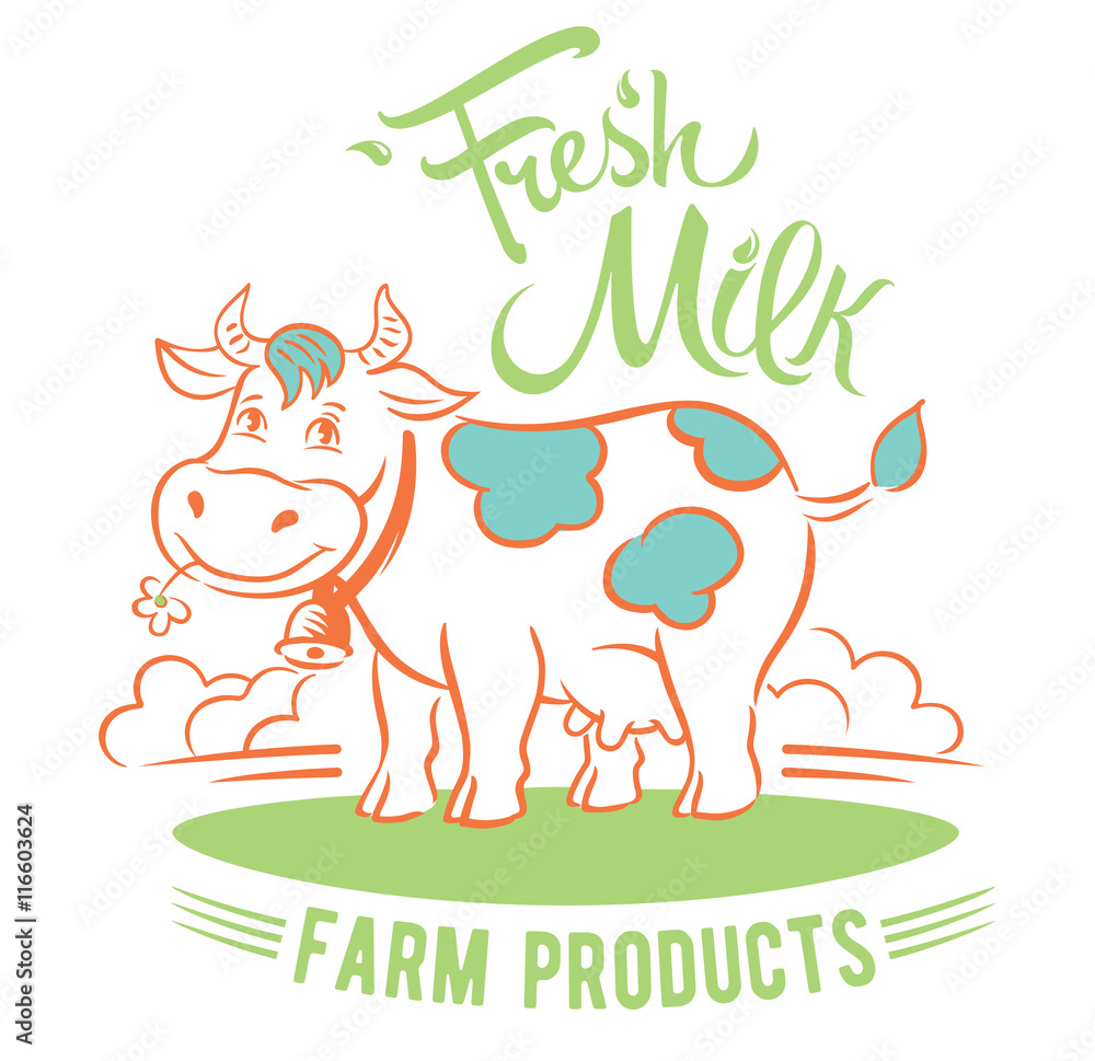 草地上的快乐奶牛，嘴里叼着一朵花，上面写着关于乳制品的铭文。