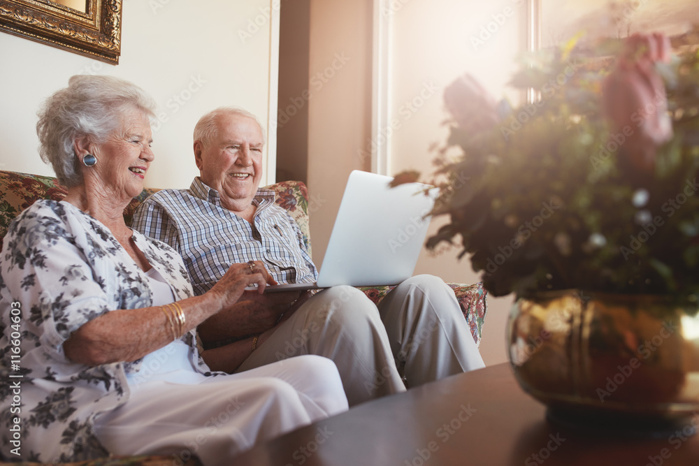 微笑的老年夫妇在家使用笔记本电脑