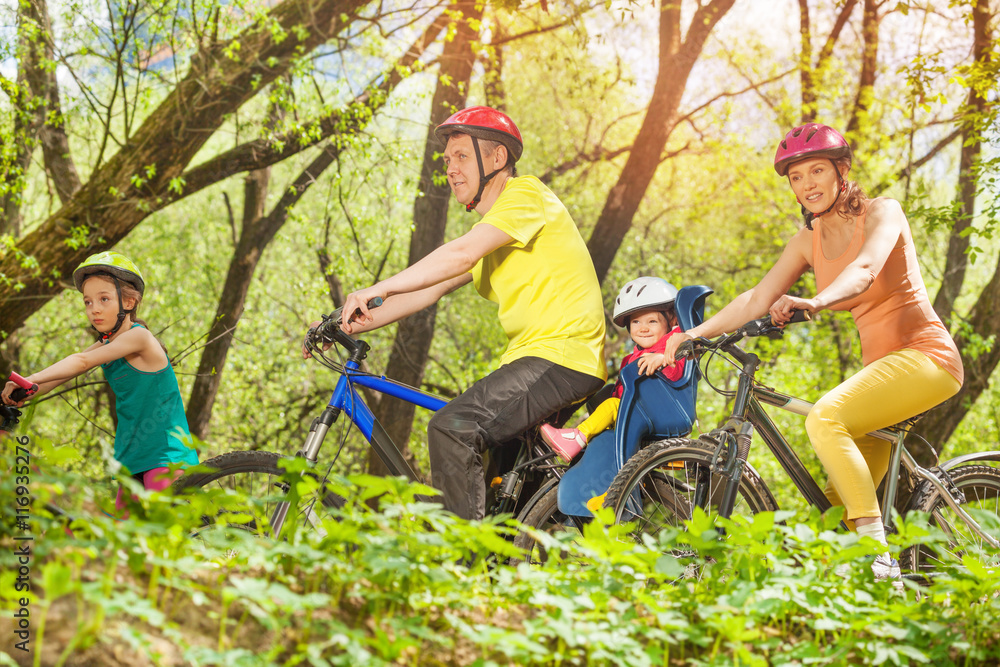 Sporty family running bikes in the sunny forest