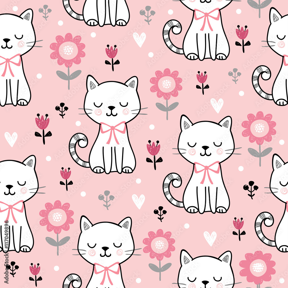 可爱的猫的无缝图案。粉色背景上有白色小猫和花朵的矢量插图。