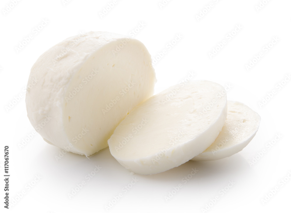 Piece of white mozzarella on white background.