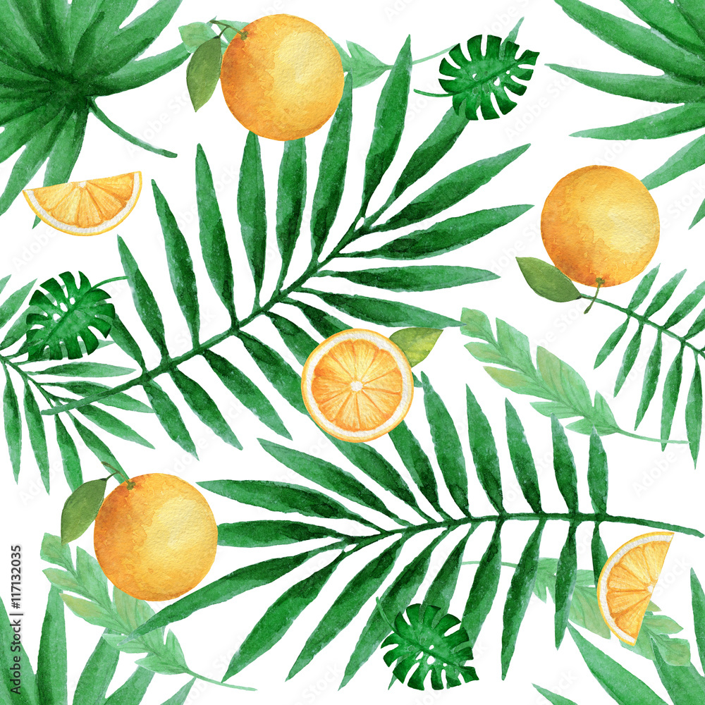 水彩画无缝图案，带有多汁的橙子和热带树叶。