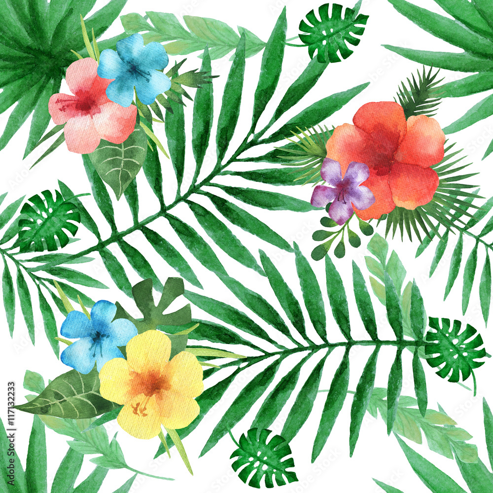 水彩无缝图案，带有异国情调的芙蓉和棕榈叶。