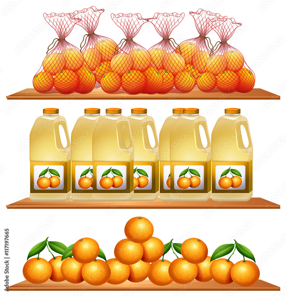 货架上的新鲜橙子和果汁