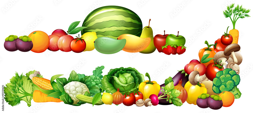 一堆新鲜的蔬菜和水果