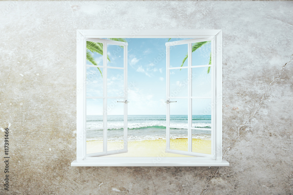 打开窗户欣赏海滩美景