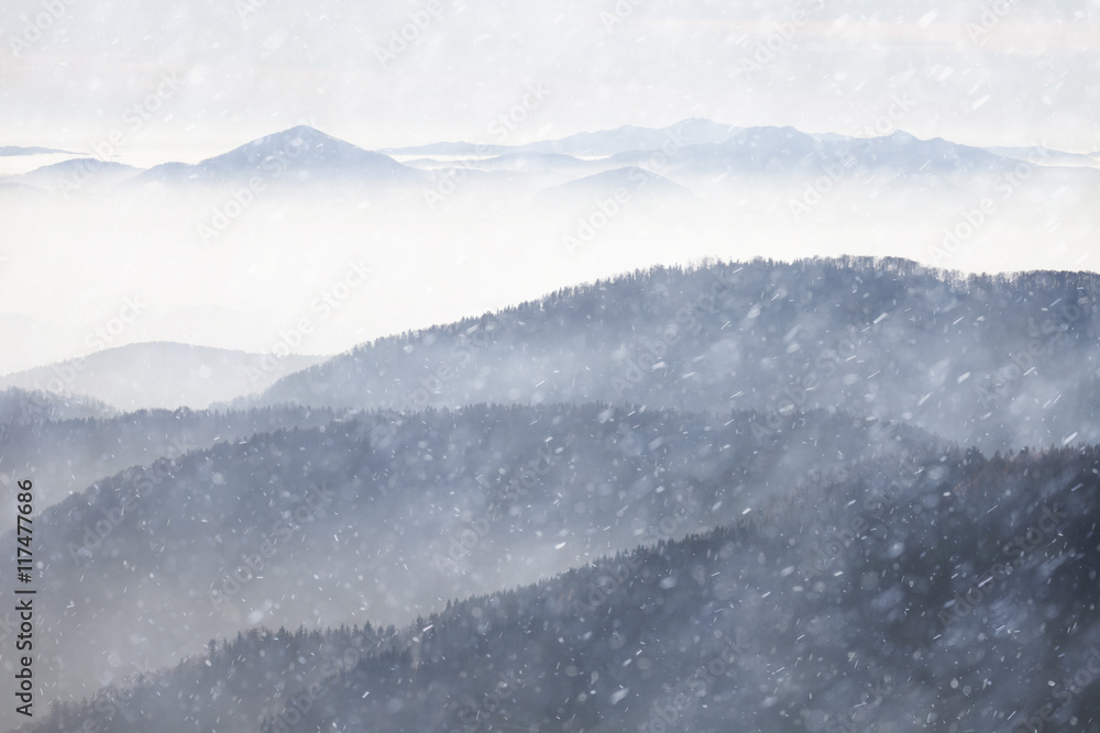 冬季山丘景观，降雪宜人。