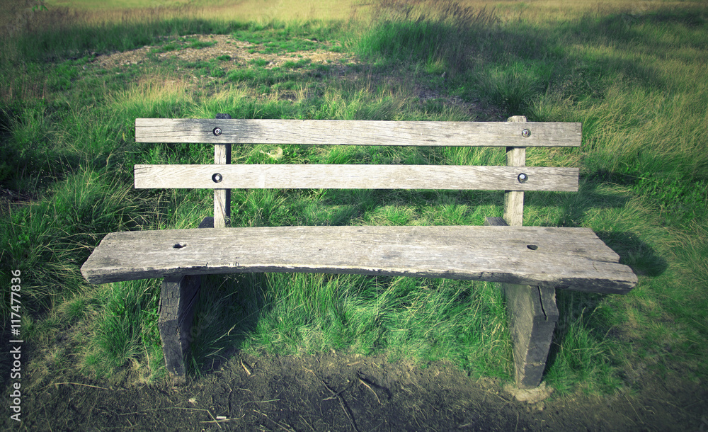 阳光明媚的公园草地上的旧木长椅特写。