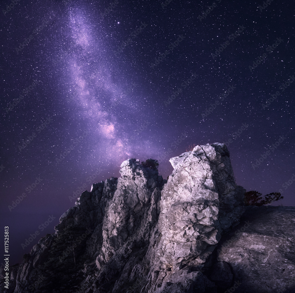 Milky Way. Beautiful night landscape with rocks and starry sky