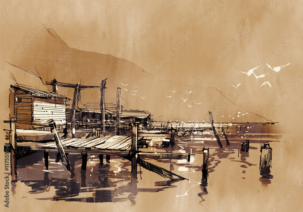 seascape painting showing pier of fishing village in the evening,watercolor style