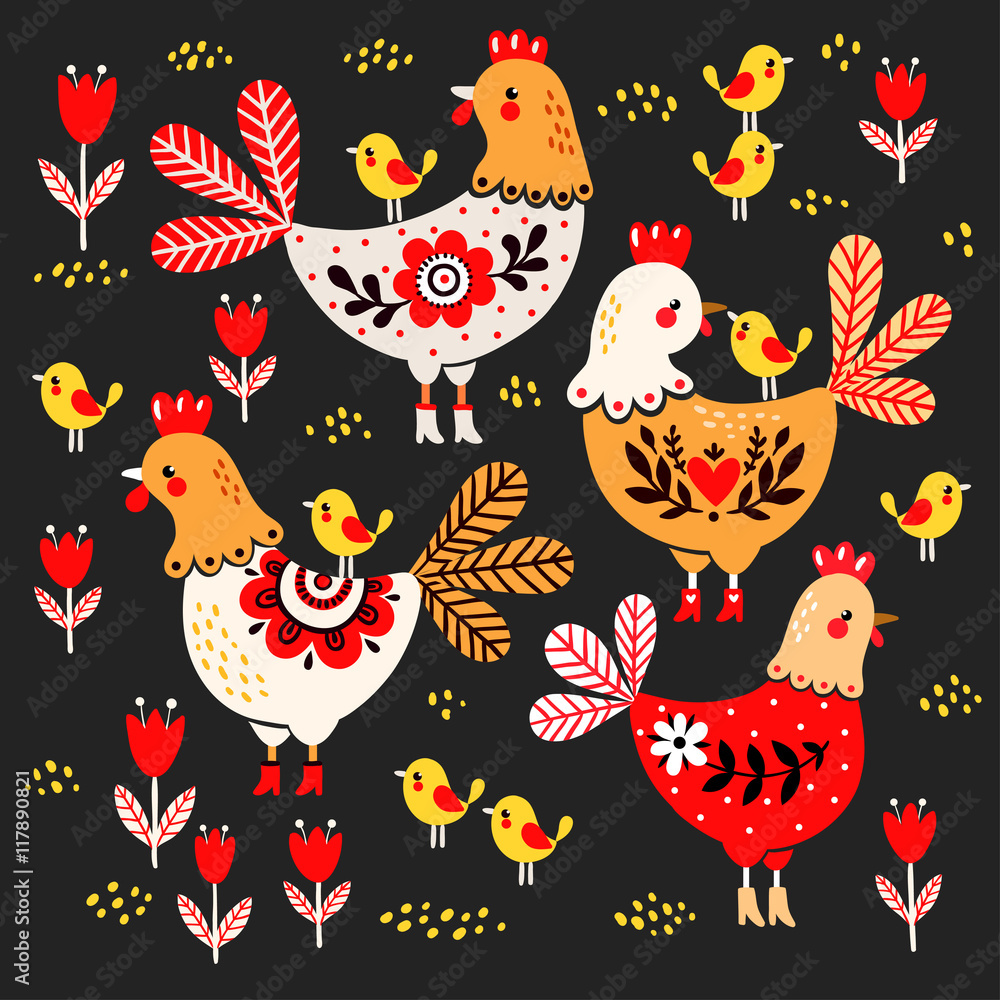 黑色背景上的公鸡、母鸡和鸡的矢量插图。