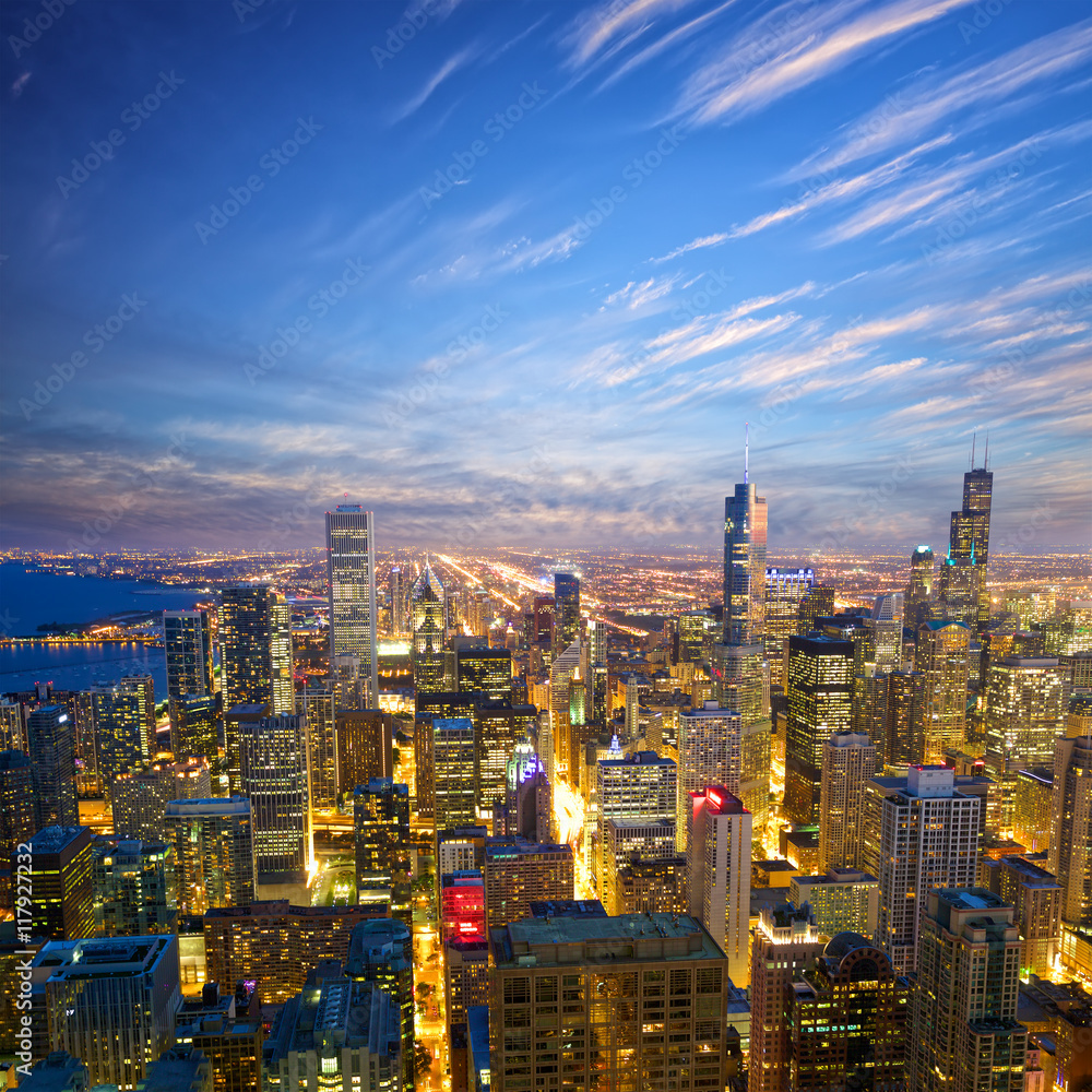黄昏的芝加哥，鸟瞰图，美国