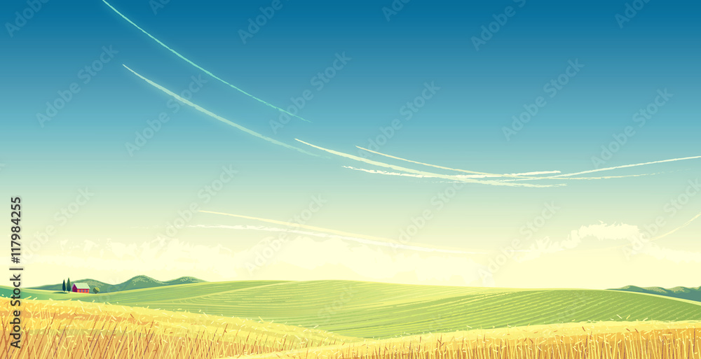 Rural landscape with wheat and house, is created for use as a background image.