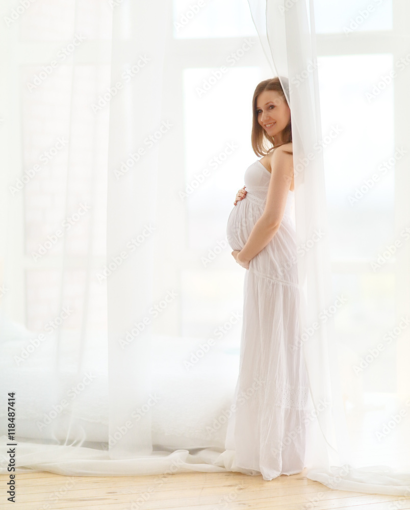 delicate elegant pregnant woman in a white dress
