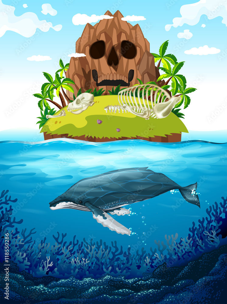 水下岛屿和鲸鱼的场景