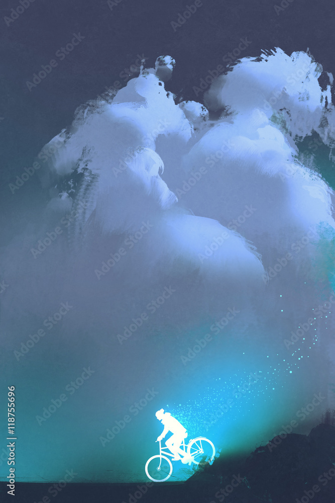 容光焕发的男子骑着自行车顶着乌云的夜空，插图绘画
