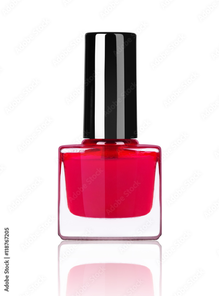bright red nail polish bottle on white background