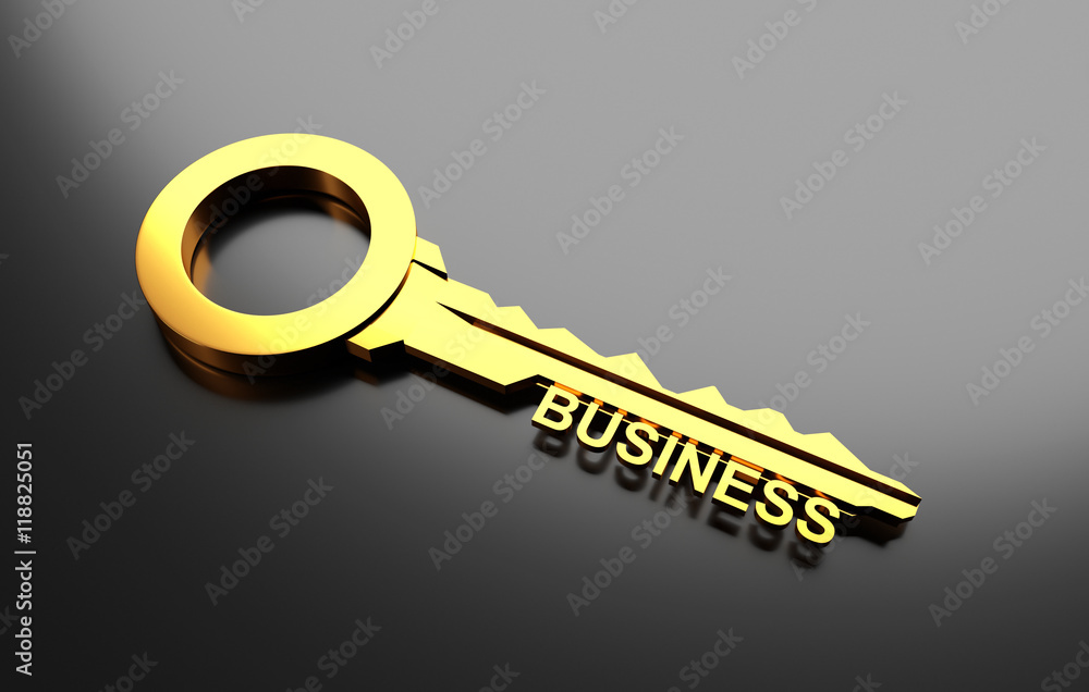 商业概念，带商业字样的金钥匙。3D插图