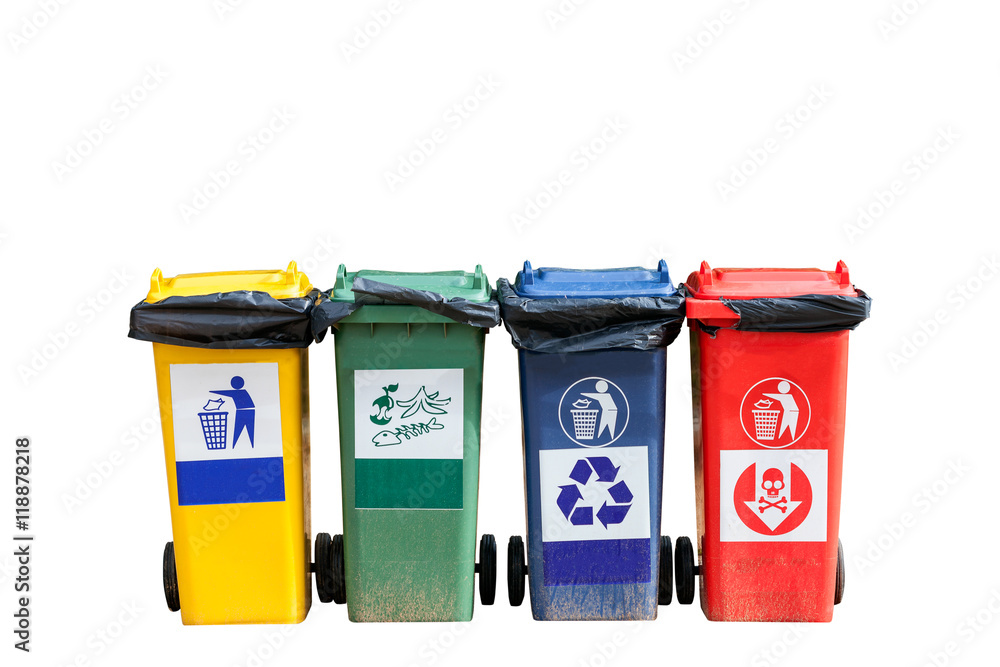  Four colorful trash cans (garbage bins) on white background.