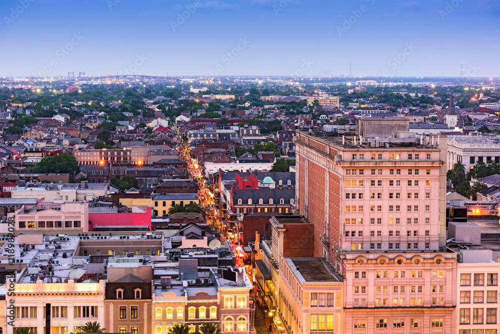 Bourbon Street Skyline in New Orleans, Louisiana, USA.