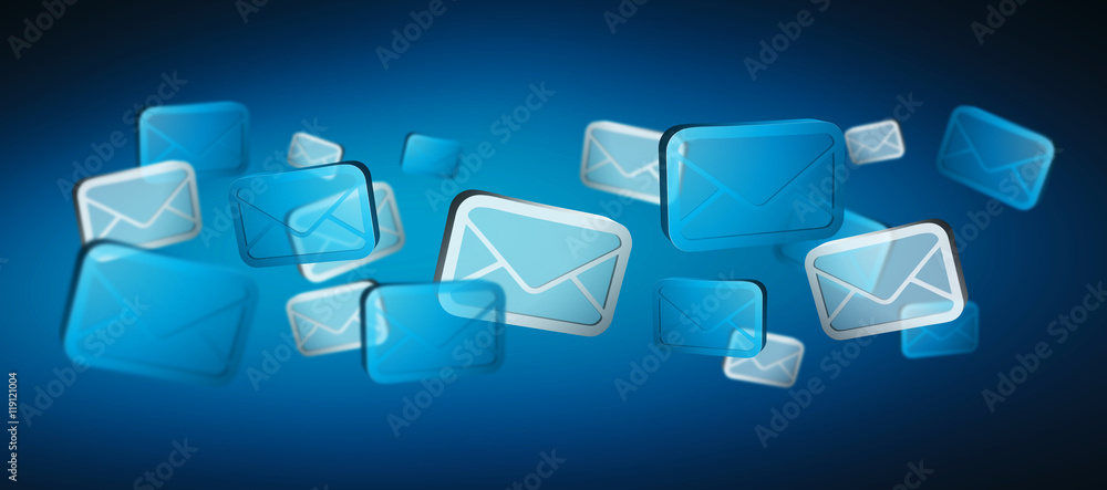 Numerous white and blue email icons flying 3D rendering’