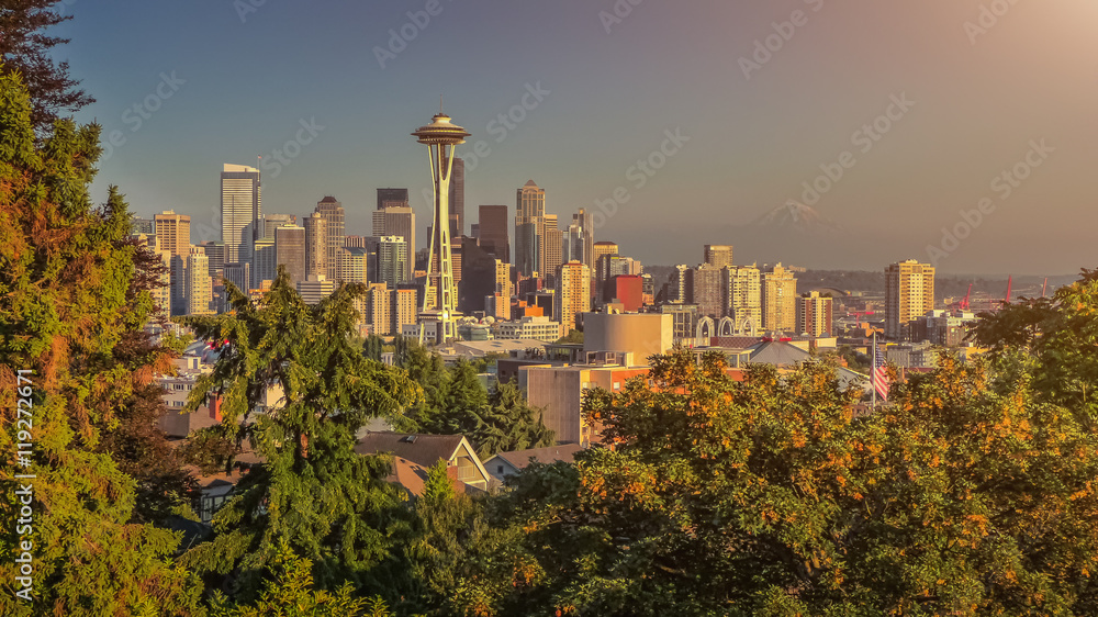 Seattle skyline panorama at sunset, Washington State, USA
