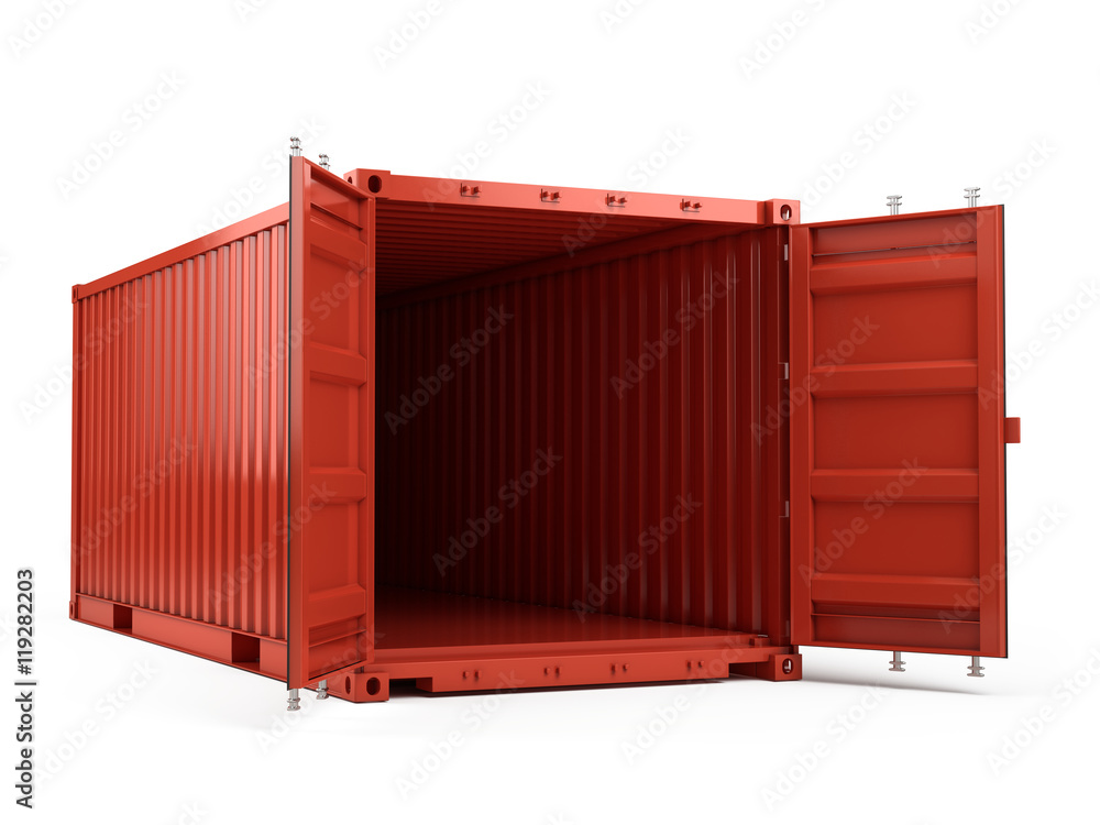 白色背景下Open Red Freight货运集装箱的三维渲染图
