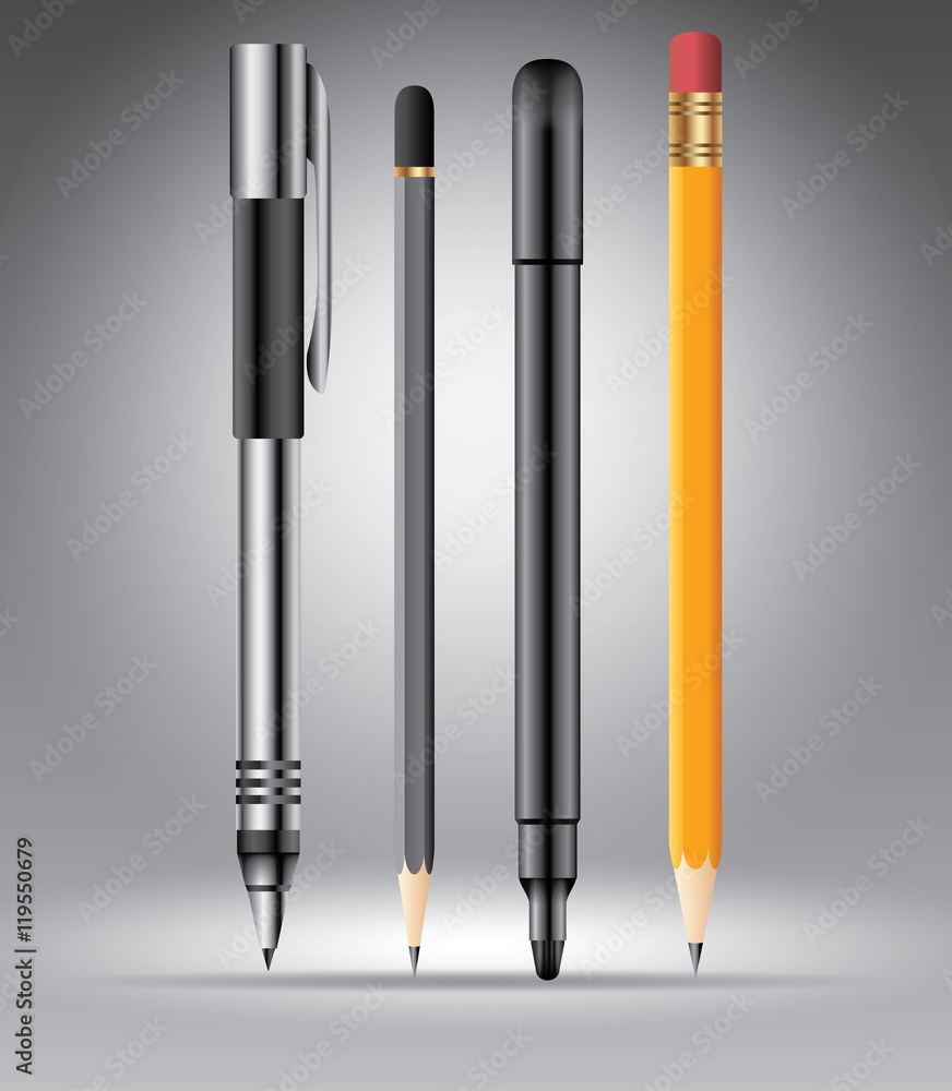 广告用灰色矢量插图模板上的铅笔和笔