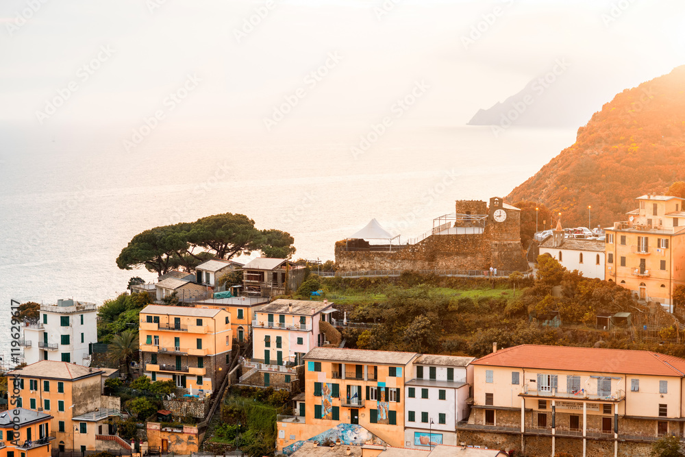 Top view on Riomaggiore old town with castle hill in the Liguria region of Italy