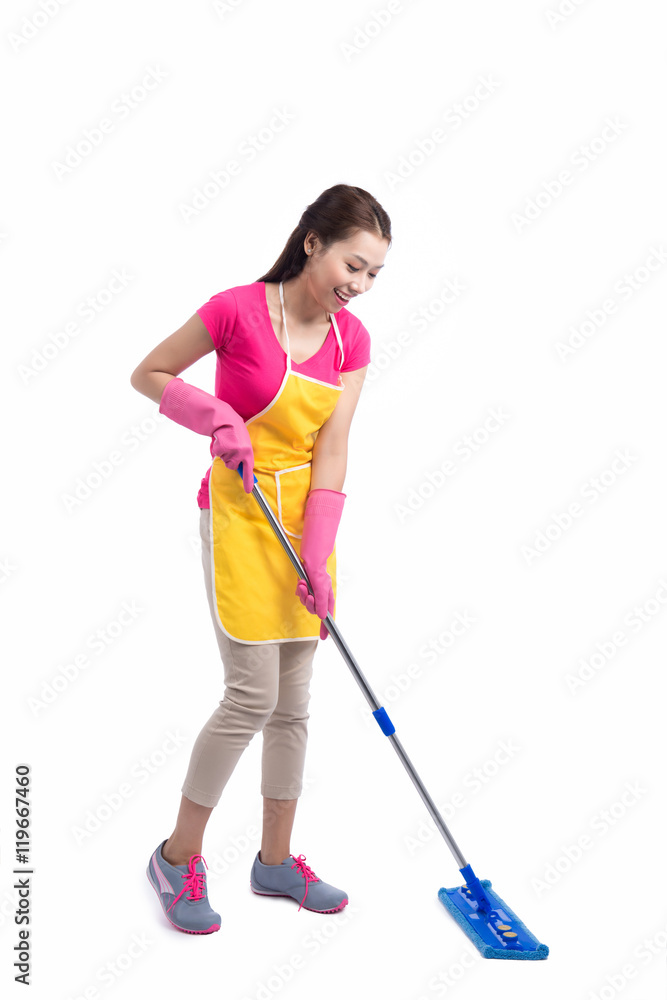 Portrait Of Young Asian housewife Cleaning Floor With Mop in ful
