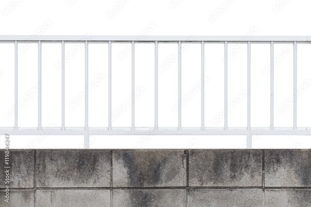 White metal fence and concrete block wall isolated on white background