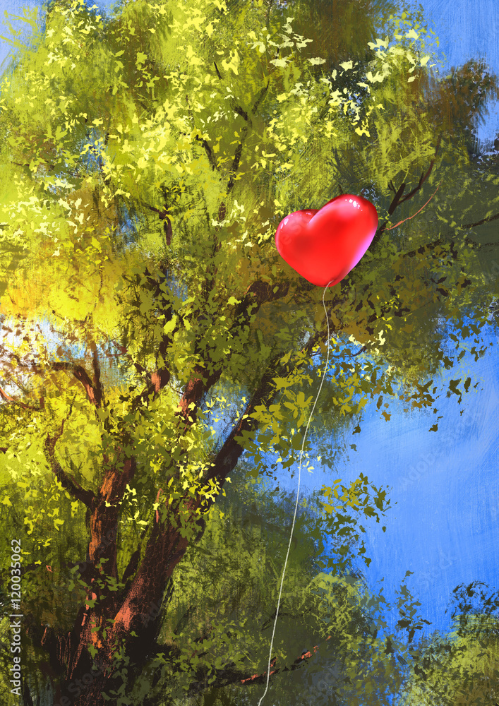 爱心气球卡在树枝上，插图画