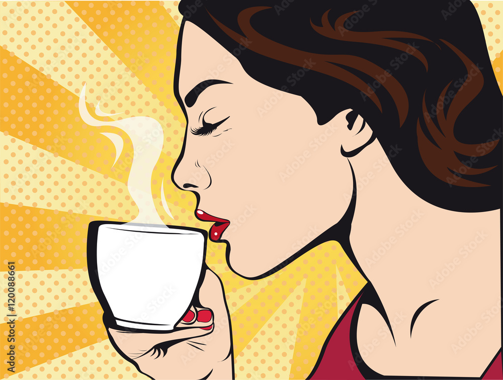 Girl with Cup of coffee流行艺术复古风格。餐厅和咖啡店。热饮。勇气l